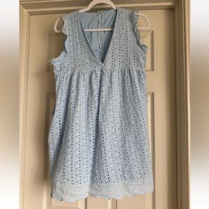 Women’s Summer Babydoll Eyelet Baby Blue Dress Sz M Scalloped Hem With Shorts